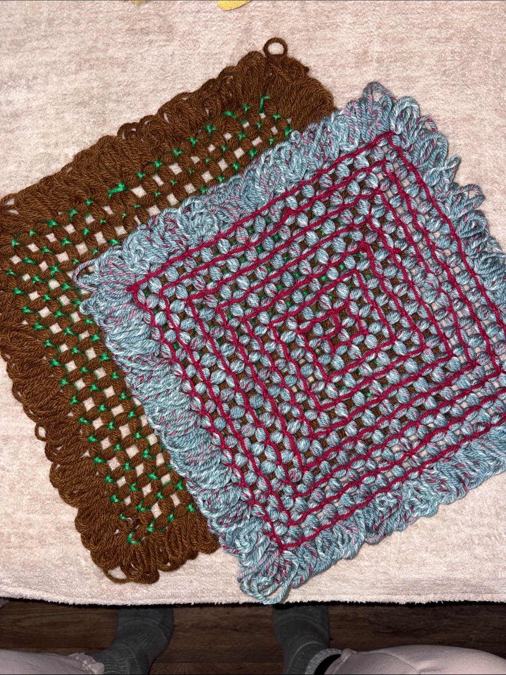 Handmade Crochet Pot Holder/ Trivet - Blue & Burgundy 12” and Brown & Green 13”